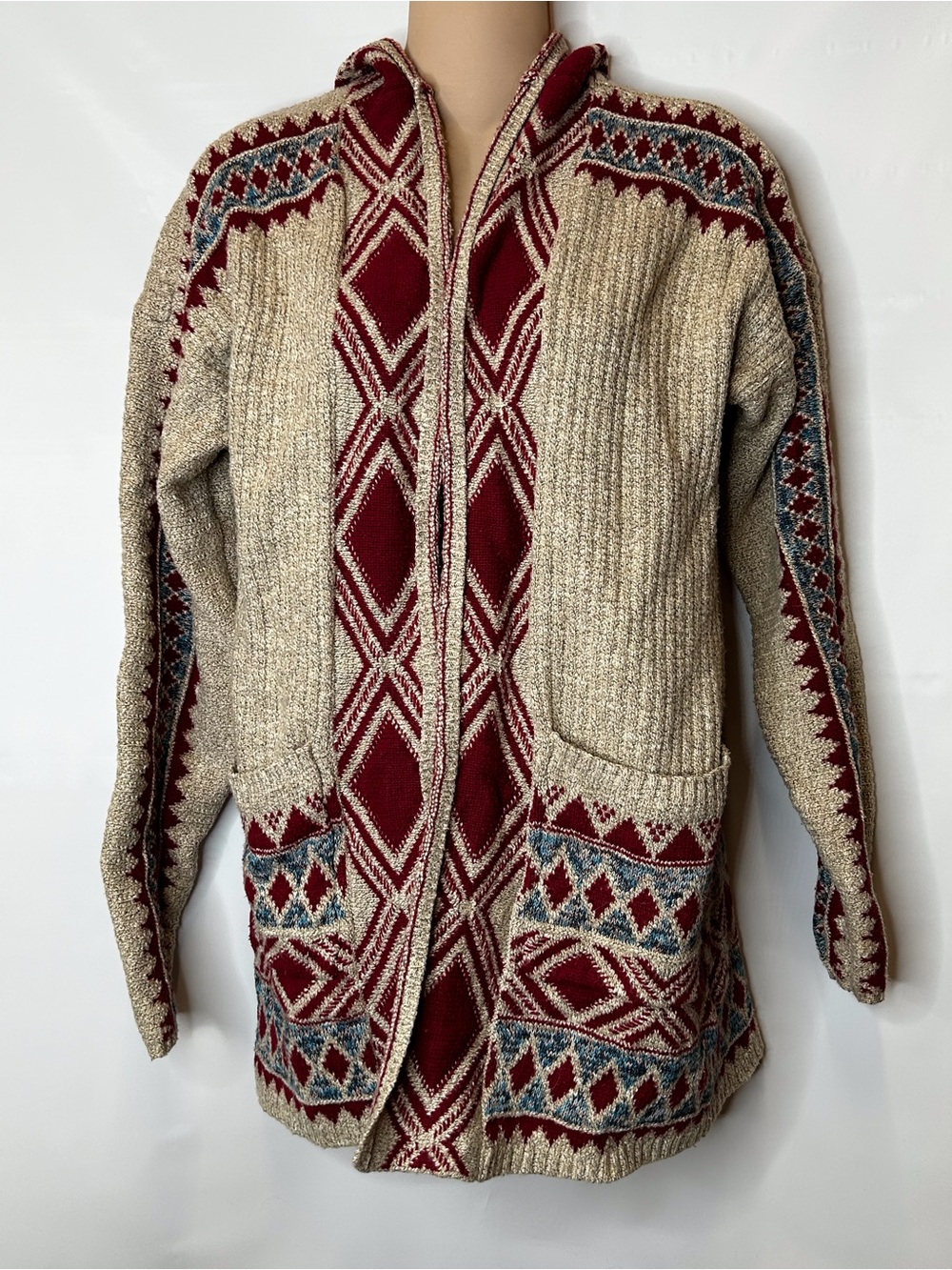 Lucky Brand Beige and Burgundy Geometric Knit Cardigan